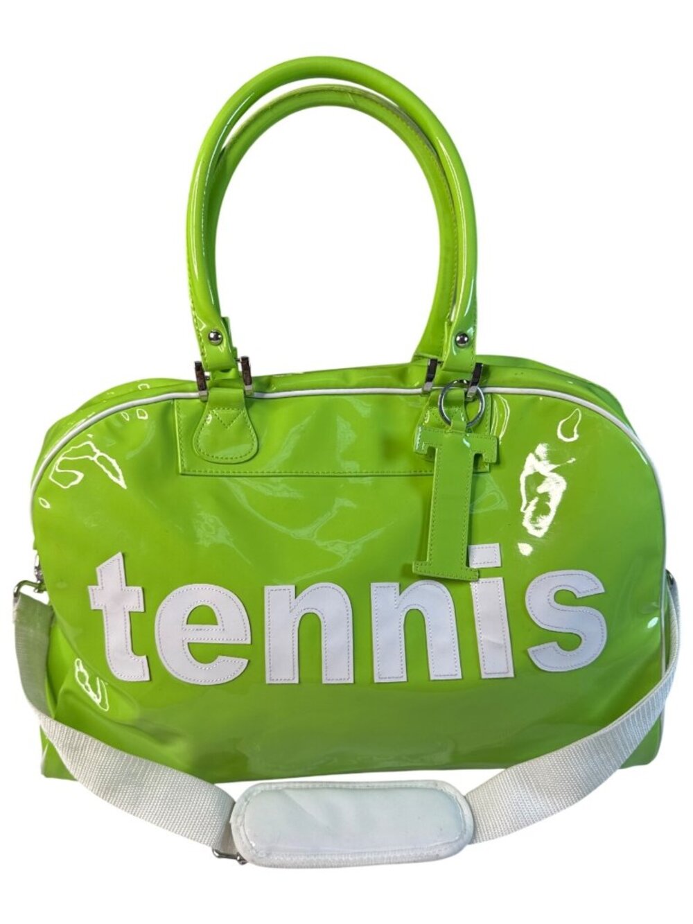 Trumpette Neon Glossy Patent Green Tennis Bag W/Shoulder Strap & Handles